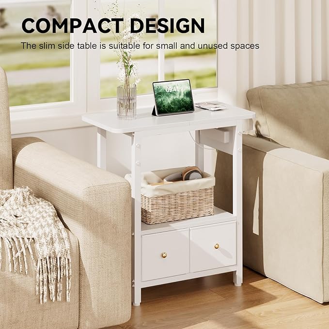 HLDIRECT Nightstand with Charging Station, Bedside Table with 2 Fabric Drawers and Large Storage Shelf for Small Space, End Table with Outlet and USB Ports for Living Room, Bedroom (White)