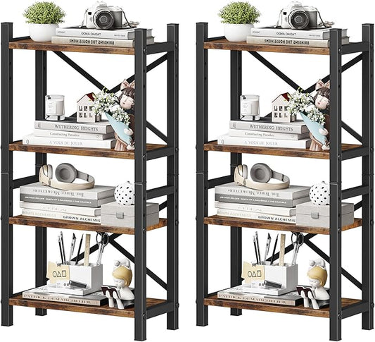 2-Pack Desktop Bookshelf, 4-Tier Stackable Narrow Bookcase, Adjustable Industrial Desk Organizer & Hutch - Rustic Brown Wood Desktop Book Organizer for Living Room, Bedroom & Home Office