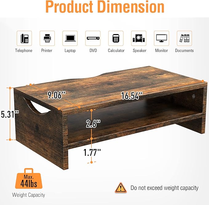 Monitor Stand Riser, 2-Tier Wood Computer Monitor Riser with Storage, Computer Screen Desk Shelf for Monitor, Laptop, PC, iMac, TV & Printer