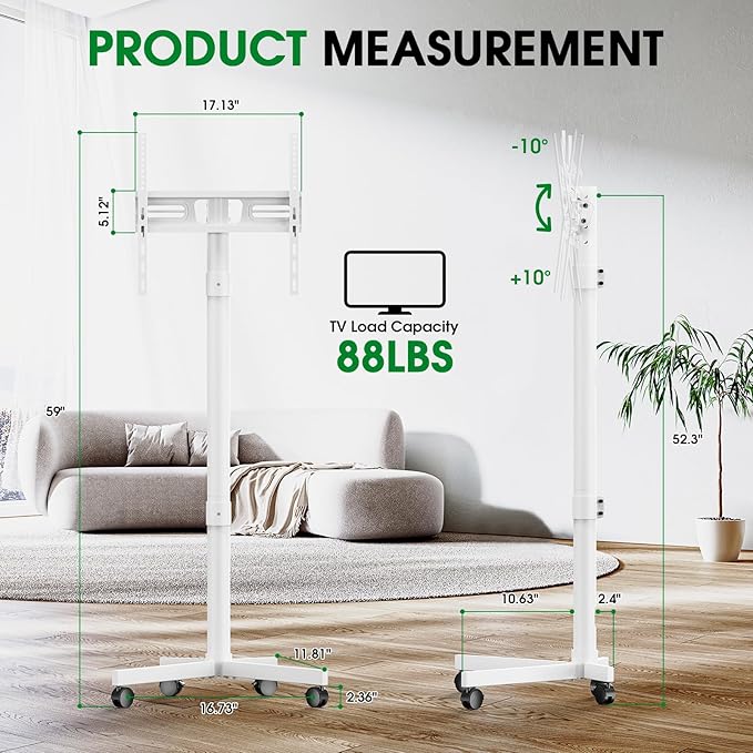 Mobile TV Cart Rolling TV Stand for 23-60 Inch LCD LED OLED Flat Curved Screens up to 88 lbs, Height Adjustable Portable TV Stand on Wheels, Outdoor TV Stand Mount, Max VESA 400x400mm, White