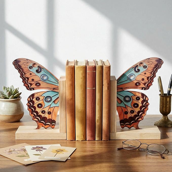 Decorative Butterfly Bookends Wooden Acrylic Butterflys Bookend Modern Bookshelf Decor Accent Book Stopper Decor for Home Farmhouse Shelves Office Lover Gift(Junonia Almana Butterfly)