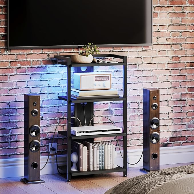 HOOBRO 4-Tier AV Media Stand with Charging Station and LED Light, Wooden Stereo Stand, Rack Audio Tower, Corner TV Stand, Entertainment Device, Black BB38UDCJ01