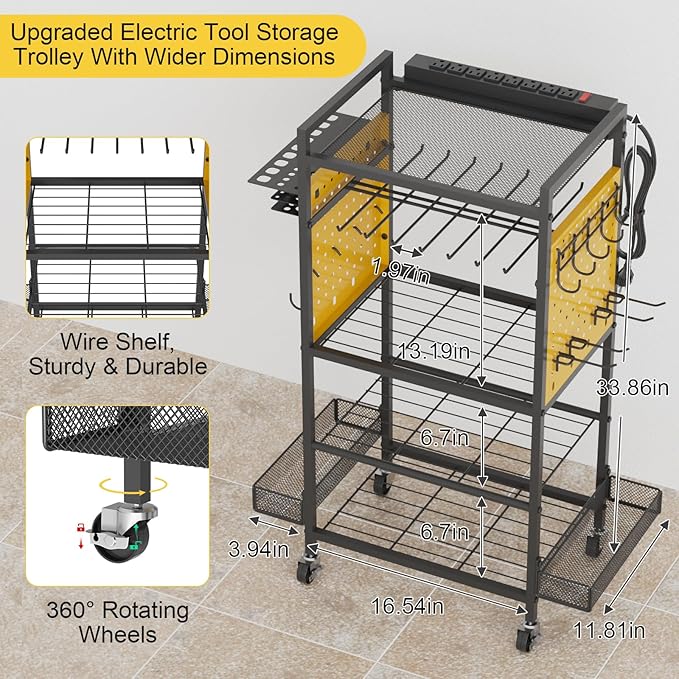 Power Tool Organizer Cart with Charging Station, Heavy Duty Garage Tool Organizer Rolling Tool Battery Storage with 8-Outlet Power Strip, 4 Wheels, 2 Hanging Baskets, 8 Hooks, Drill Bit Holder, Yellow