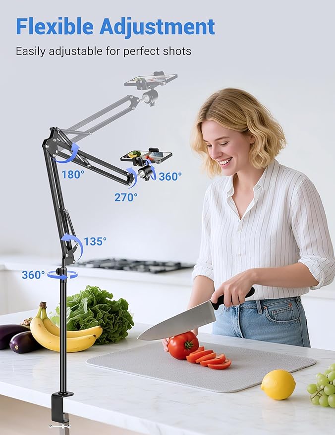 Overhead Camera Mount, Desk Camera Mount with 360° Adjustable Arm and Phone Holder for DSLR Cameras/iPhone/Webcam/Ring Light, Desk Phone Stand for Video Recording,Zoom Meeting,YouTube,TikTok