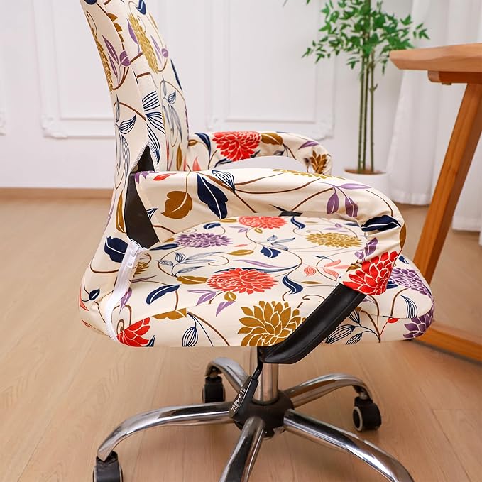 Waterproof Office Chair Cover with Armrest Cover 18Inch Wide Stretch Printed Floral Small Desk Computer Chair Covers with Long Zipper Arm Slipcovers Washable