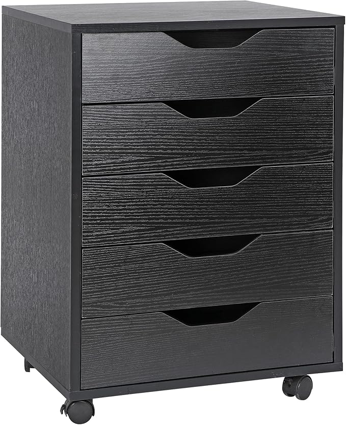 SUPER DEAL 5 Drawer File Cabinet for Home Office, Wood Under Desk Filing Cabinet Mobile Printer Stand Rolling Storage Organizer with Lockable Casters for Apartment Small Spaces, Black