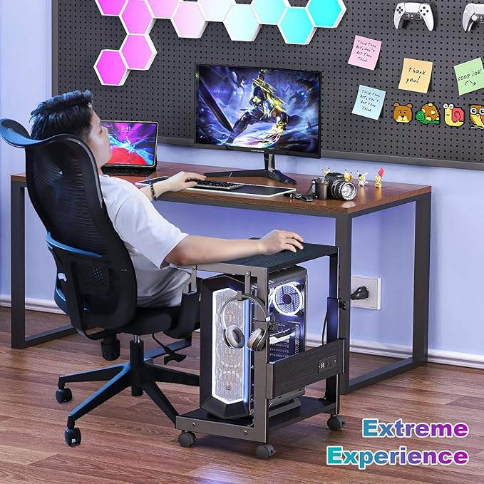 Computer Tower Stand with Charge Station and USB Charging Port - Height Adjustable PC Tower Stand, Under Desk CPU Holder Cart with Locking Caster Wheels for Fits Most PC