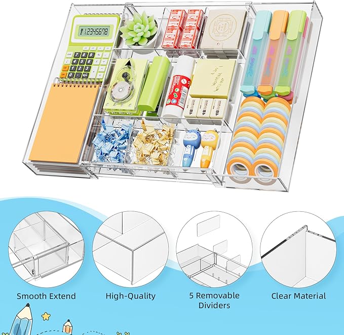 Marbrasse Expandable Desk Drawer Organizer, Clear Plastic Drawer Organizer Tray with 10 Adjustable Compartments, Desk Organizers and Accessories, 5 Drawer Dividers for Office Supplies, Makeup(Clear)