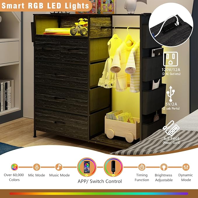 Espelism Dresser for Bedroom with Clothes Rack Side Pockets 5 Drawer Dresser with Charging Station LED Lights Black Storage Chest of Drawers for Nursery Hallway Closet Sturdy Steel Frame Wood Top