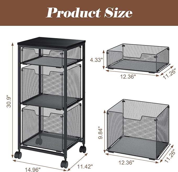 Sbanmao 3 Drawer Mobile File Cabinet for Home Office, Rolling Filing Cabinet on Lockable Wheels, Hanging File Folders Organizer, Utility Cart Storage and Organizer, Printer Stand, Black