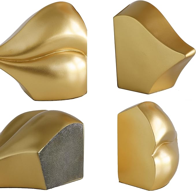 Gold Lips Decorated Bookends，Set of 2 Heavy Decorative Book Stoppers，Unique Resin Decoration，Creative Desktop Gold Decor for Study Room Hotel Office Shelves