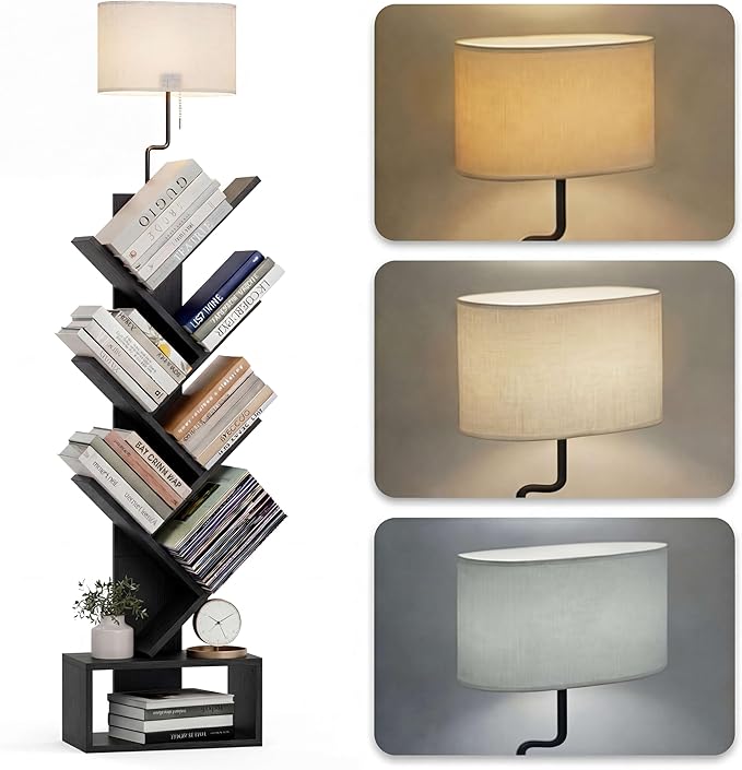 XBurmo 6 Tier Tree Bookshelf with Lights - Small Bookshelf Decor, Corner Bookshelf with Lamps, Living Room Storage, Tall Narrow DVD & CD Shelf, Comic Bookcases Standing for Bedroom or Office, Black