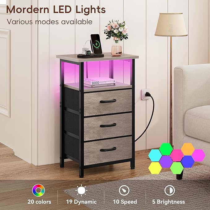 Vagusicc Night Stand with Charging Station, LED Nightstand for Bedroom, Bedside Table with 3 Fabric Drawers, End Table Side Table with USB Ports and Outlets, Bed Side Table for Bedroom, Greige