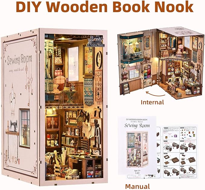 fifijoy Book Nook Kit - DIY Miniature House Dollhouse Kit for Adults and Teens, Booknook Tiny House Bookshelf Decor 3D Wooden Puzzle, Gifts for Family Friends (Sewing Room)