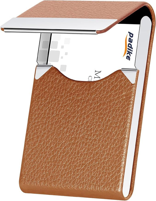 Padike Leather Business Card Holder Metal Business Card Case Slim Professional Name Card Holder with Magnetic Shut (Apricot)
