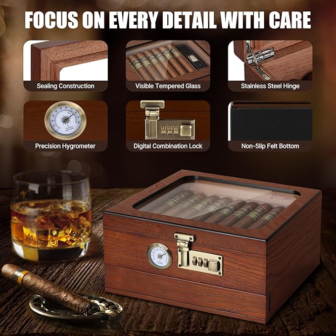 Tesonway Cigar Humidor, Cedar Wood Humidor Cigar Box, Glass Top Desktop Humidor with Front Hygrometer, Humidifier, Divider, Accessories Drawer and Combination Lock, Cigar Gifts for Men (Brown)