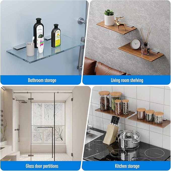 Ranbo 2 Pcs Frameless Glass Clamp Brackets for Shelf and Shower, Heavy Duty Wall Mount Rectangular Holders for 1/4" to 1/2" Panels, Satin Brushed Finish Hardware