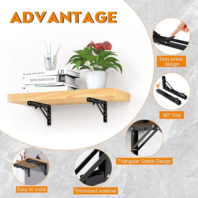 Folding Shelf Brackets 8 Inch - 2PCS Heavy Duty Metal Bracket Shelf, Wall Mounted Collapsible Bracket for Space Saving Bench Table Outdoor Smoker, Max Load: 150 lb