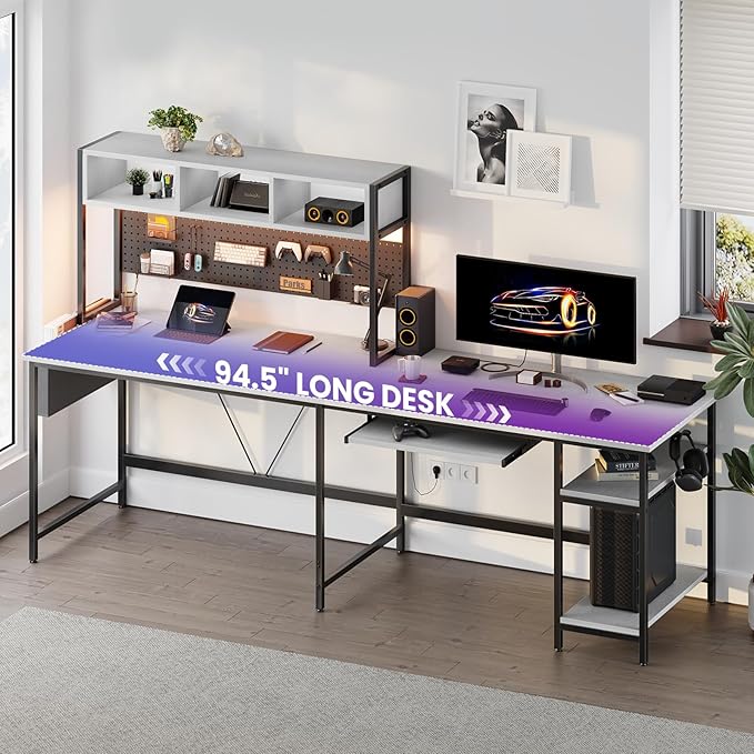 DUMOS L Shaped Gaming Desk 67", Reversible Computer Desk with LED Lights, Corner Desk for Small Spaces with Keyboard Tray & Storage Shelf, Metal Frame PC Gaming Table for Home Office Bedroom, White