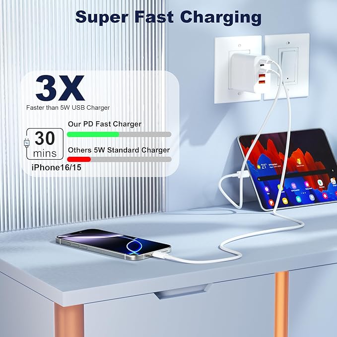 USB C Charger Block, 5 in 1 60W Charging Blocks, PD 3.0 25W Single Max Fast Charger, QC 2A USB Wall Charger for iPhone 16 15 14 13 12 11 Pro Max, iPad, iPod, Samsung, AirPods Pro, Apple Watch Series