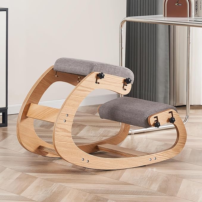 Ergonomic Kneeling Chair, Adjustable Rocking Office Chair Wooden Knee Chair Posture Chair for Home Office Back Pain Relief, Grey