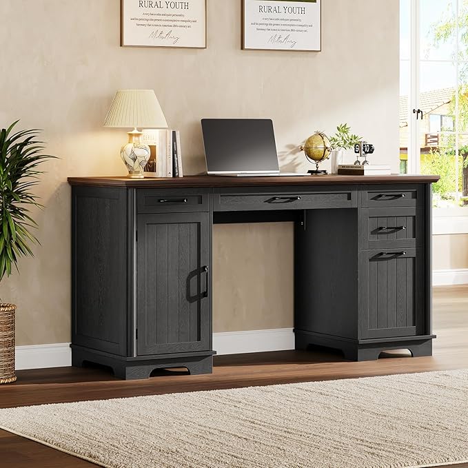 ONBRILL 56" Large Executive Desk with Drawers,Modern Farmhouse Home Office Desk with Charging Station, Wood Computer Writing Desk with File Drawer for Study Work Bedroom Living Room Black