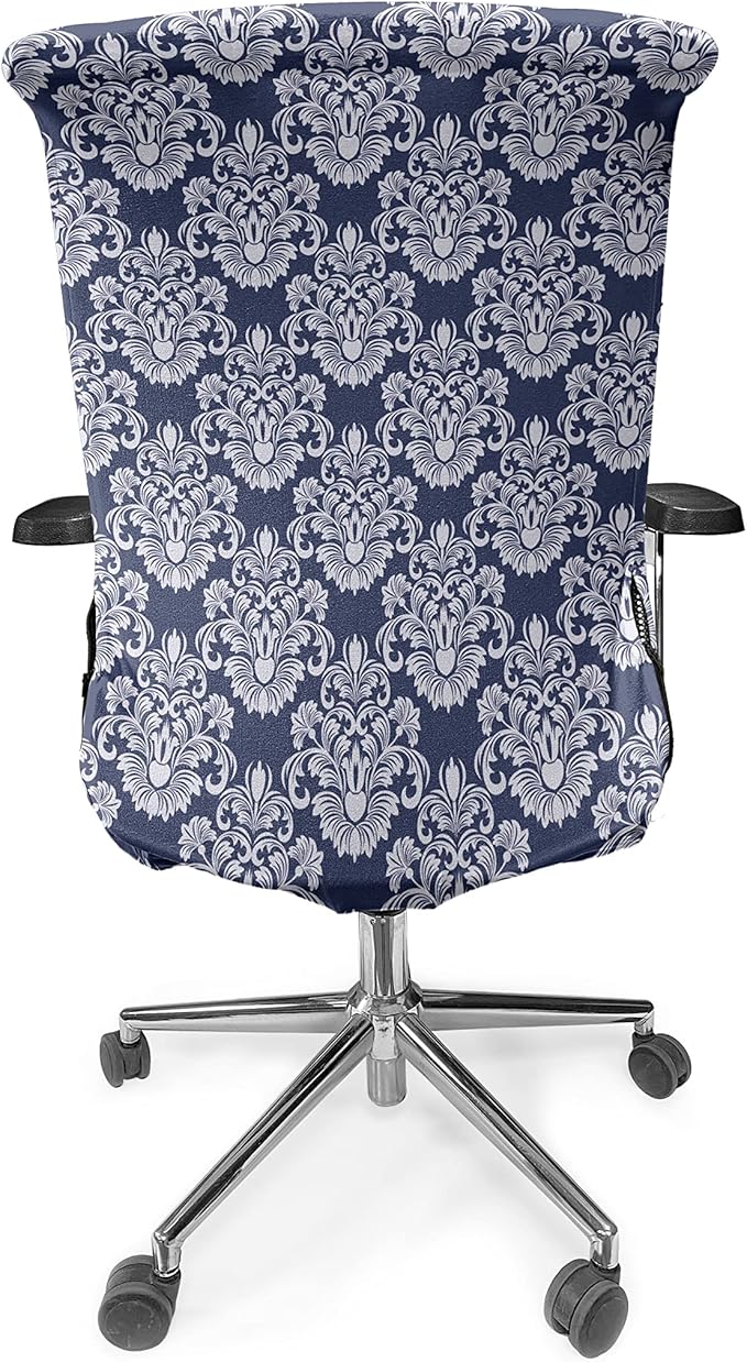 Ambesonne Damask Office Chair Cover, Abstract Floral Vintage Antique Victorian Design Renaissance Flourish Print, Stretchable Decorative Universal Size High Back Printed Slipcover, Dark Blue White