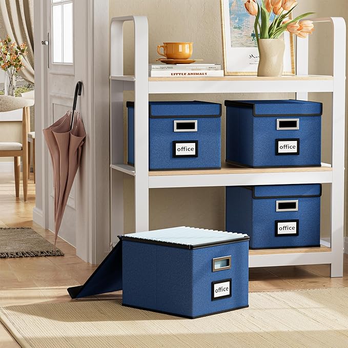 Decorative File Organizer Boxes Office Document Storage with Lids, Portable Collapsible Linen Hanging Filing & Storage Boxes for Office/Decor/Home (Royal Blue) -14.9 x 12.7 x 10.8 inch -4 Pack