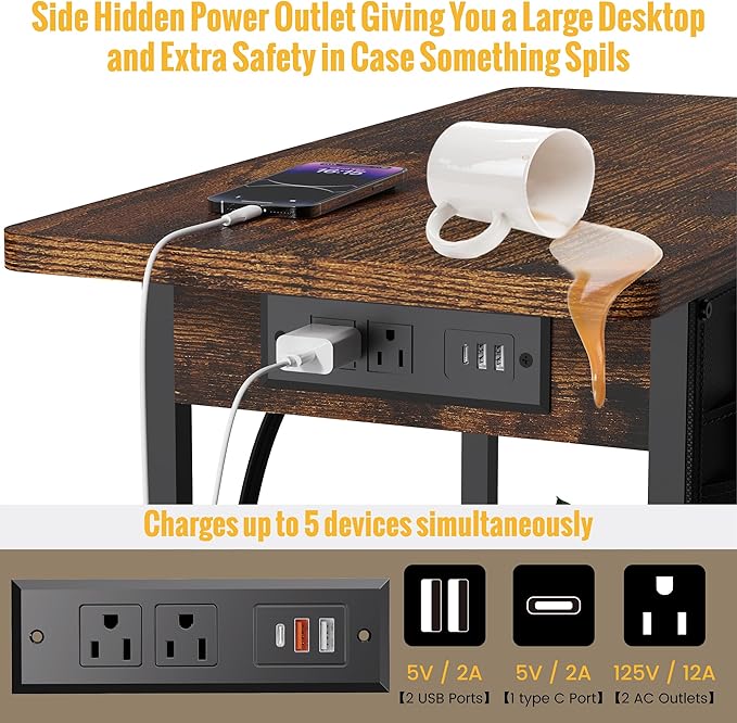 Yenlure Small Side Table with Charging Station, Narrow Nightstand Bedside Tables with Storage Pocket for Living Room Bedroom, Sofa End Table with USB Ports and Power Outlets for Small Spaces