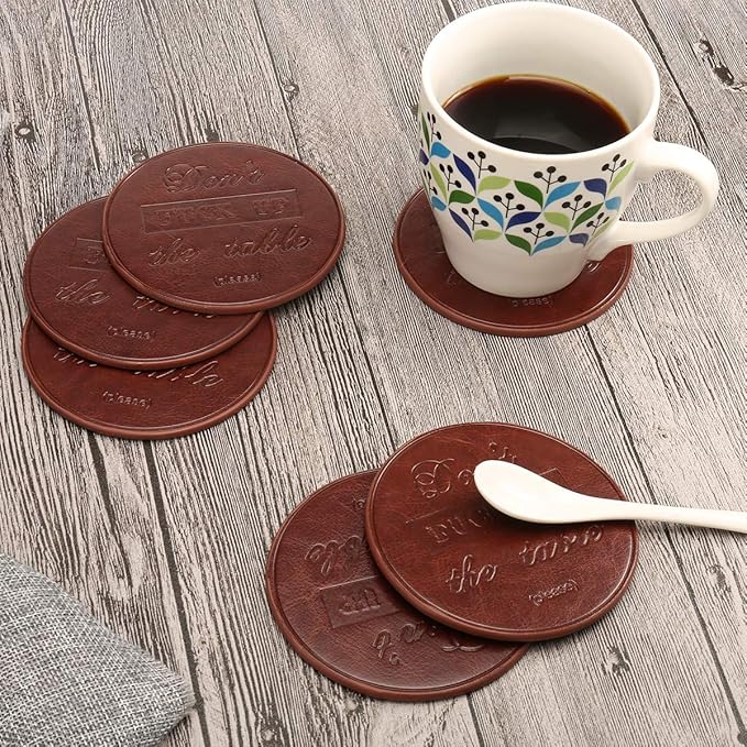 Funny Coasters, Thipoten 6 Pcs Leather Coasters with Holder, Perfect Housewarming Hostess Gifts, Protect Furniture from Water Marks Scratch and Damage(6Pcs, Coffee)