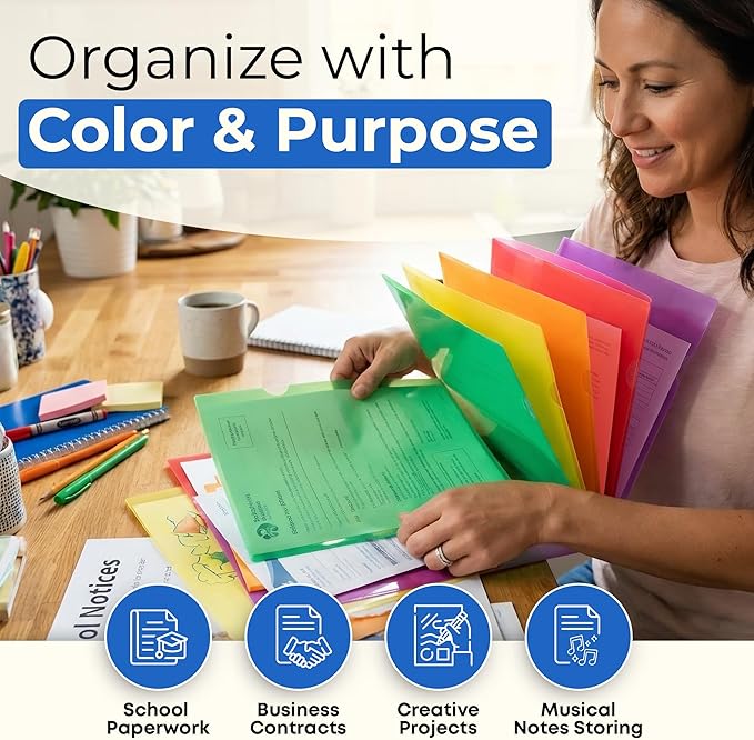 Dunwell Clear Plastic Folders for Documents (36 Pack, Assorted Colors) - Letter Size Plastic File Folder Sleeves 8.5x11 - Durable & Tear-Resistant Poly Document Folder Jackets for School Office & Home