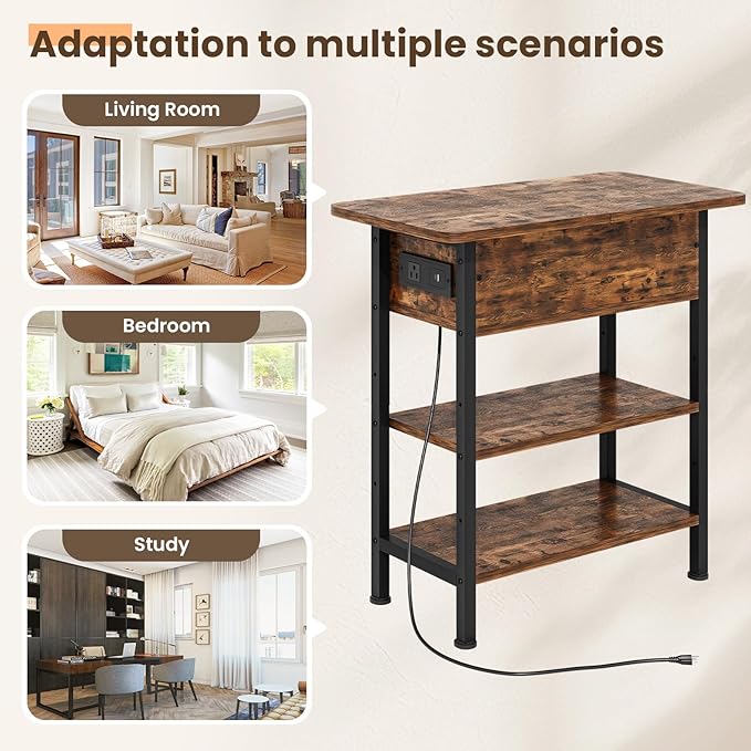 GRUSIGN End Table with Charging Station, Flip Top Side Table with USB Ports and Outlets, 3-Tier Small Side Table with Storage for Small Space, End Tables for Living Room/Bedroom, Brown