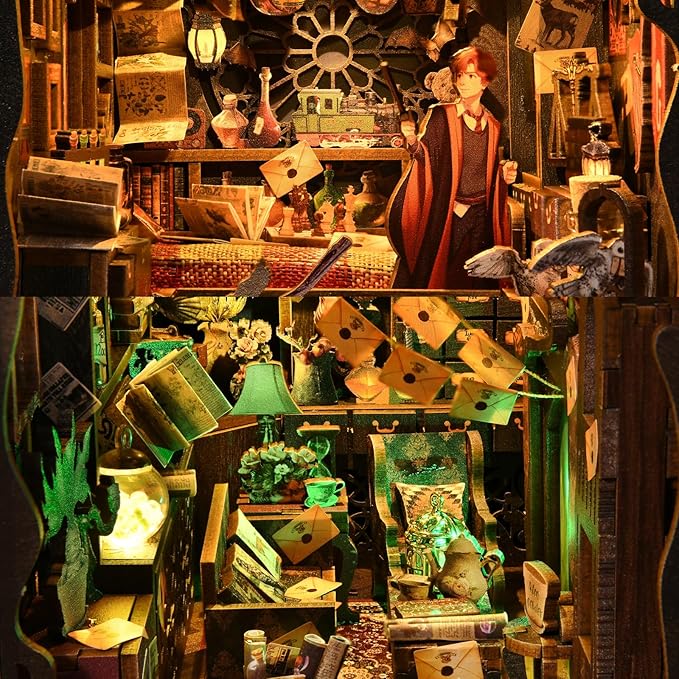 TOYQI Book Nook Kit, Book Nook Kits for Adults, DIY Miniature Dollhouse Kit 3D Wooden Puzzle Booknook Bookend with LED Light
