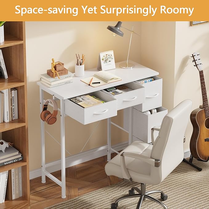 HIGDBFE Small Desk with 5 Fabric Drawers, 33 Inch Writing Desk for Home Office, Simple PC Desks for Small Place, Kids Girls Teen Study Table Vanity for Bedroom, Dorm, White, 14" D