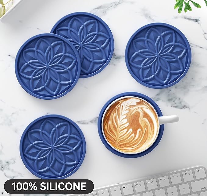 HFHOME Silicone Coasters Set With Holder - 6 Pack for Drinks, Coffee Table, Cup Mat, Desk, Bar - Tabletop Protection Gift - Navy Blue