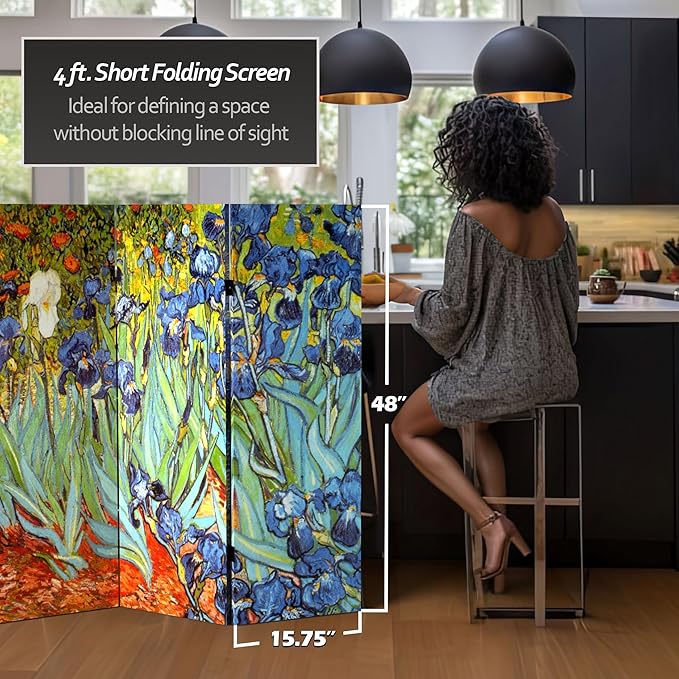 Red Lantern 4 ft. Short Double Sided Works of Van Gogh Canvas Folding Screen Irises/Starry Night Over Rhone 4 Panel Freestanding Partition and Separator for Modern and Contemporary Bedroom Home Office