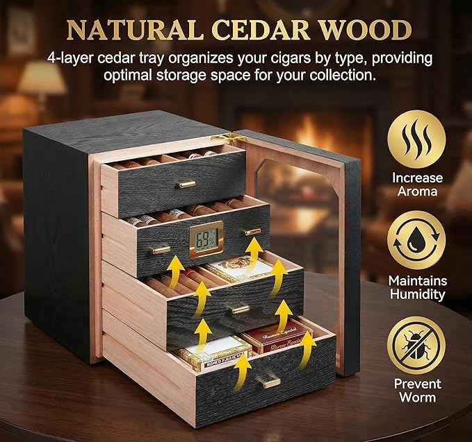 Epress Premium Cigar Humidor Cabinet - 4 Spanish Cedar Drawers with Electronic Hygrometer & Rectangular Humidifier - Airtight Magnetic Seal Glass Door - Luxury Desktop Storage for 100-150 Cigars