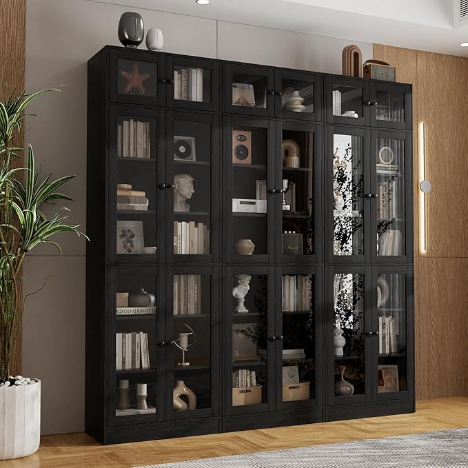 VOWNER 85.5“ H Bookcase with Doors, Wooden Bookshelves and Bookcases for Home Office, Pantry Cabinet with Doors and Shelves, 7-Tier Laundry Room Cabinets, Storage Cabinets for Dining Room (Black)