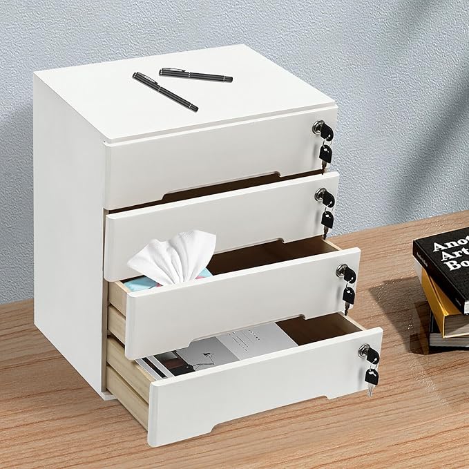 Wooden Desk Organizer with Drawers & Lock, Desktop Countertop Storage Cabinet Lockable Home Office Supplies File Tabletop Organizing Unit (4 Drawer - Modern White)