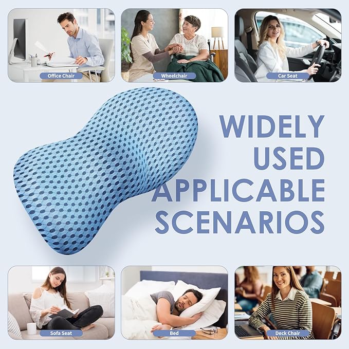 kasney Lumbar Support Pillow, Memory Foam Lumbar Pillow for Lower Back Pain Relief, Back Support Pillow for Office Chair, Car Seat - Blue