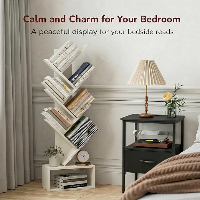 XBurmo 6 Tier Tree Book Shelf - Small Bookshelf Decor, Corner Bookshelf, Living Room Storage, Tall Narrow DVD & CD Shelf Storage Bookshelves, Comic Bookcases Standing for Bedroom or Office, White