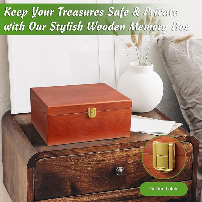 DRASTAR Wooden Keepsake Box, Large Acacia Storage Box with a Hinged Lid, Memory treasure box for Crafts and Photo Storage