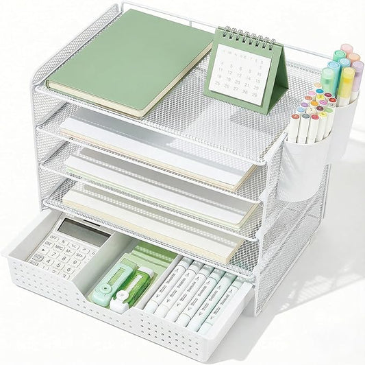 LEKETREE Desk Organizer and Accessories, 5-Tier Paper Letter Tray Organizer with Drawer & 2 Pen Holders for Desktop File Organization, Office Desk Accessories for Supplies Storage (White)