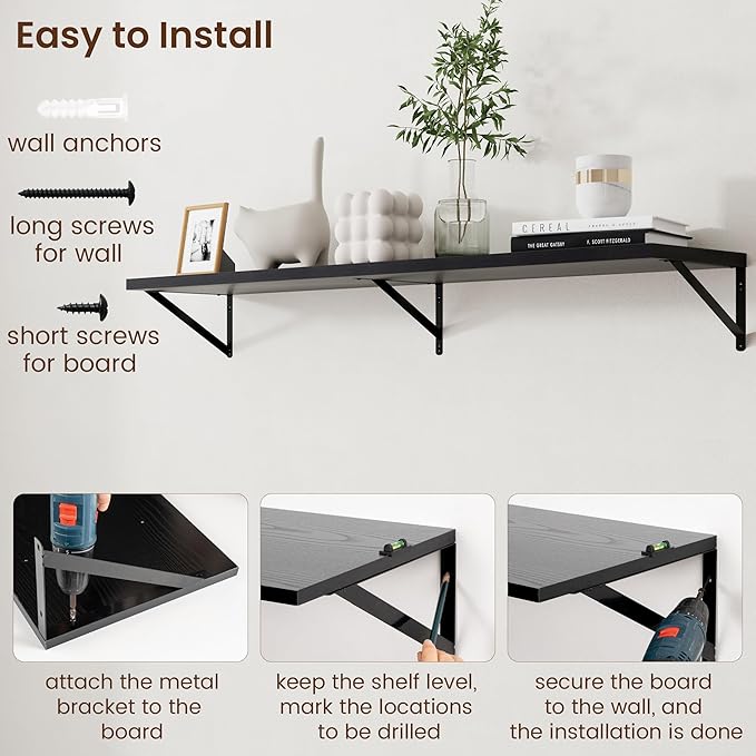 Axeman Floating Shelves for Wall Black- 55 Inch Wide x 12 Inch Deep Wall Shelves Set of 2 - Black Deep Wood Floating Shelves for Living Room Bedroom Laundry Room