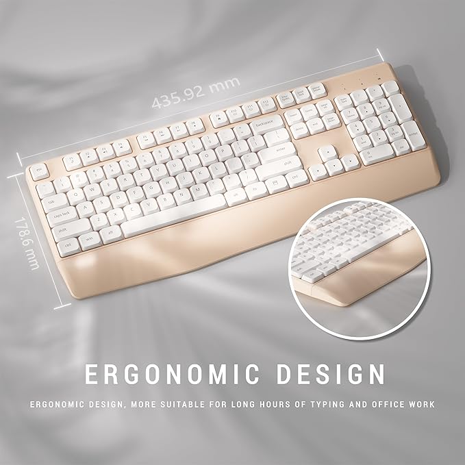 MPTOG Ergonomic Keyboard and Mouse Combo with Wrist Rest, BK Chipset, Full-Size Colorful Office Keyboard and Mouse, Power Button, USB Receiver for PC Laptop (Khaki White)