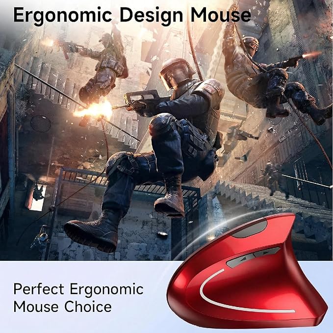 Ergonomic Vertical Wireless Mouse Stylish Rechargeable 2.4G Optical Mice Cordless Mouse with USB Receiver, 800/1200 /1600 DPI, 5 Buttons for Laptop,PC,Mac,Computer (Red)