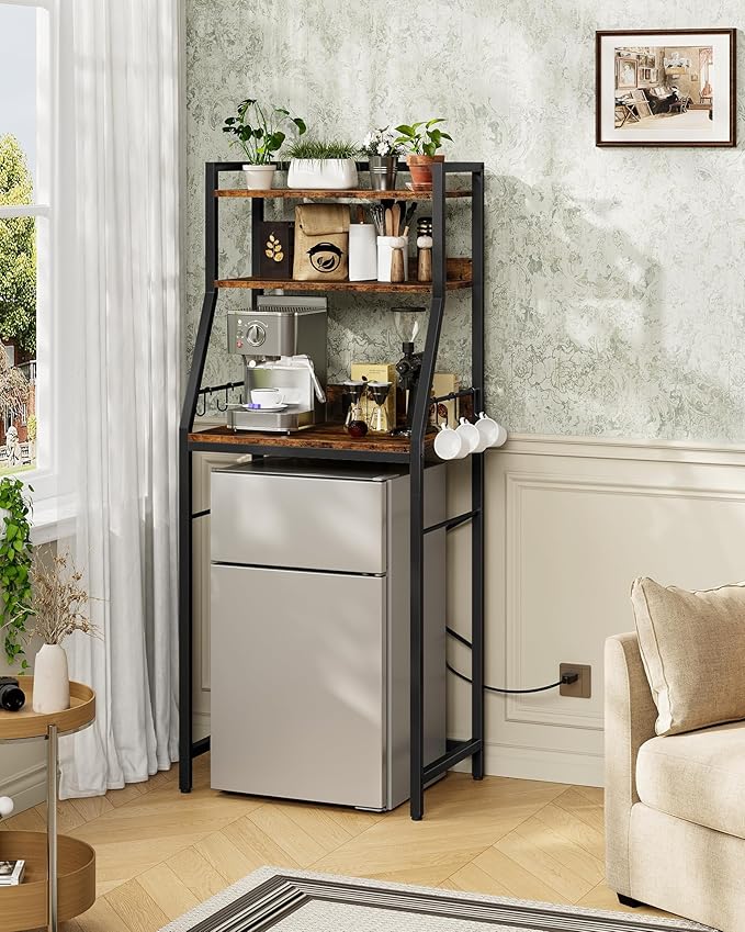 CHOEZON 4-Tier Bakers Rack with Mini Fridge Stand, Coffee Bar Station, Microwave Stand with Charging Station, Kitchen Storage Rack with 6 Hooks, for Kitchen, Dining Room, Rustic Brown THB03UBF