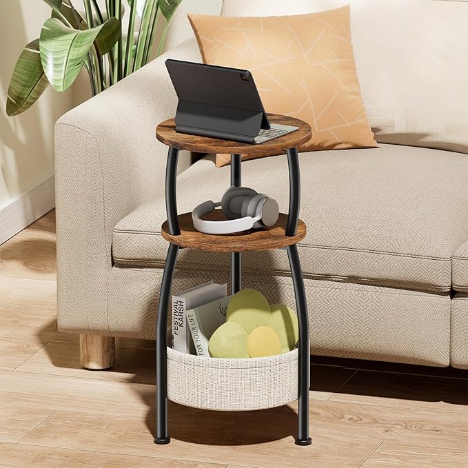 Small Side Table for Small Spaces with Storage Basket, Round End Table 3-Tier NightStand Sofa Corner Table for Living Room, Bedroom, Patio and More 24in Tall Rustic Brown