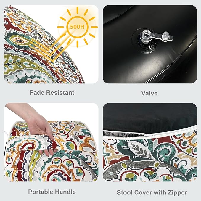 LVTXIII Inflatable Stool Ottoman Footrest with Handle, Decorative Fade-Resistant Foot Stool, Indoor or Outdoor Pouf for Home Garden and Camping Use, D21 x W 21 x H9, Paisley Chilli