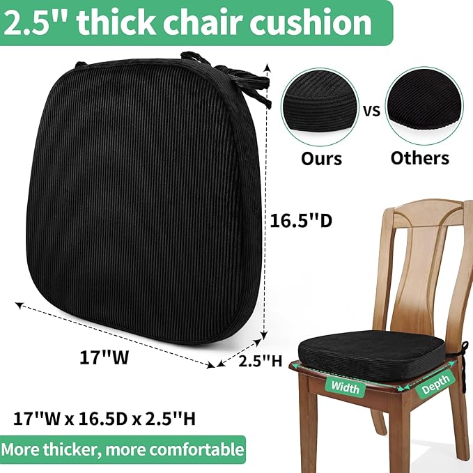 2.5" Thick Chair Cushions for Dining Chair, Corduroy High Density Foam Kitchen Chair Pads, U Shaped Indoor Seat Cushions with Ties & Non-Slip Backing, Washable Cover, 17''x16.5'', Black